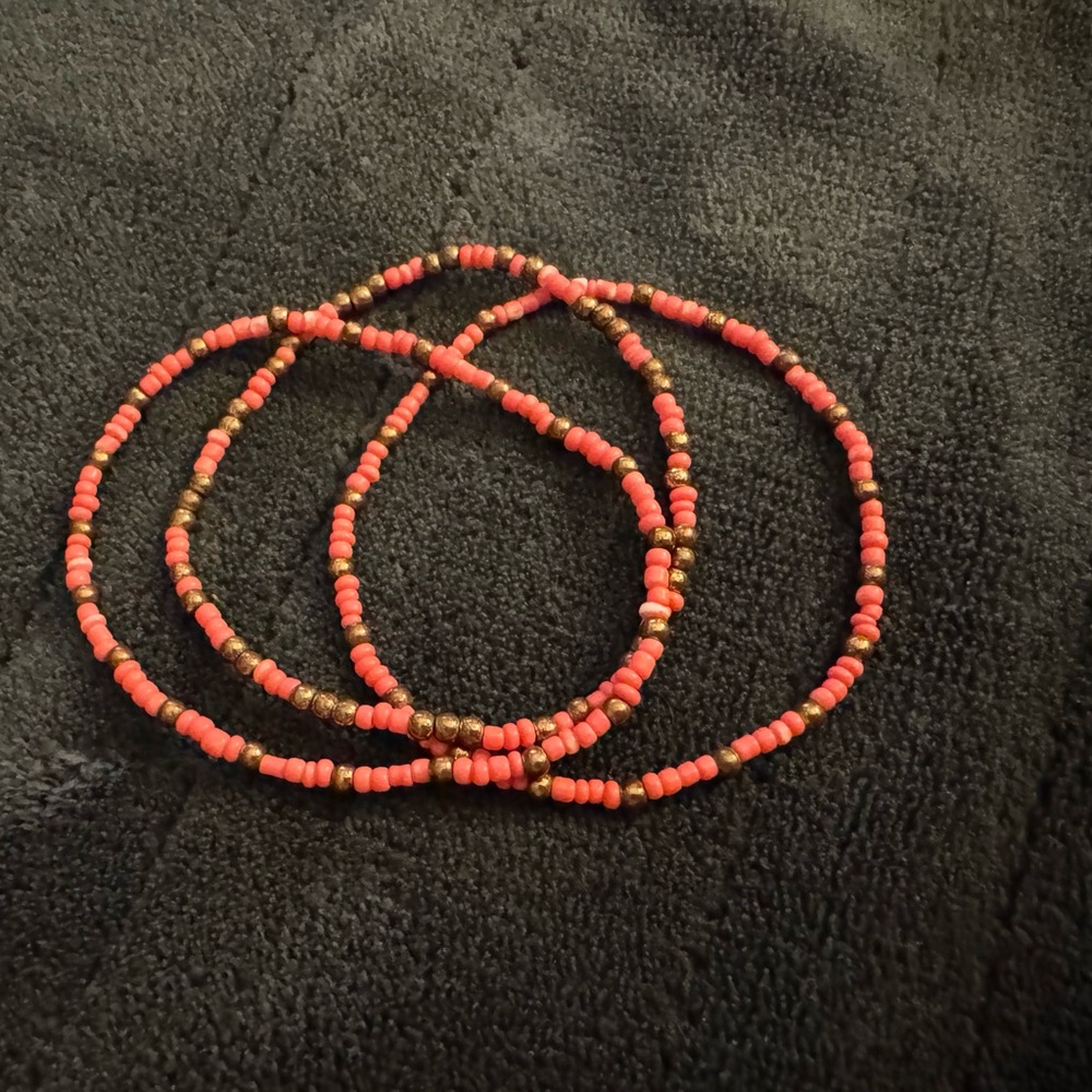 Coral and Brown Beaded Bracelet Set